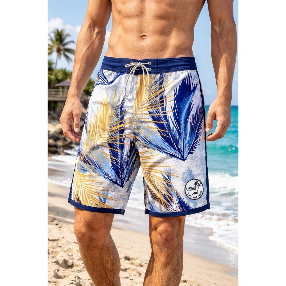 VANS Board‎ Shorts Mens 28 Blue Palm Print Surf Swim Trunks Beach Vacation